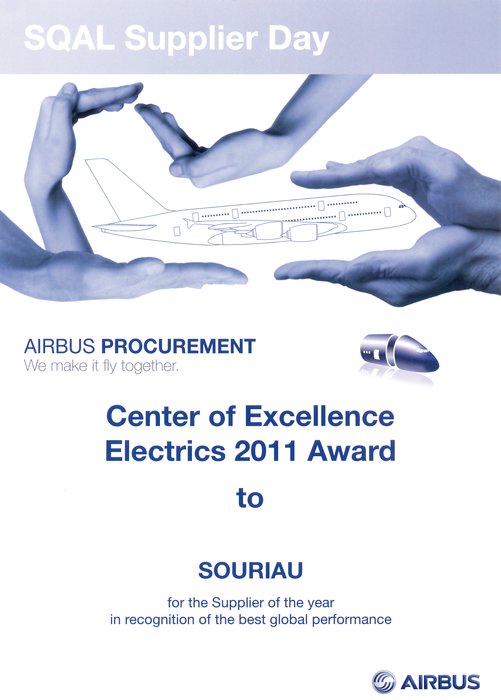 A SOURIAU foi galardoada, pela quinta vez, com o Prémio de Melhor Fornecedor da AIRBUS na categoria de componentes eléctricos standard